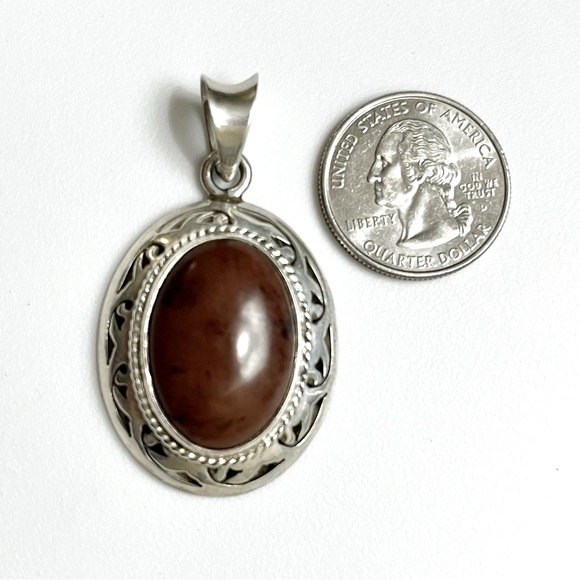 ⏳⏳ Signed, Vintage Mexican Brown Jasper Sterling Silver Cutout Pendant